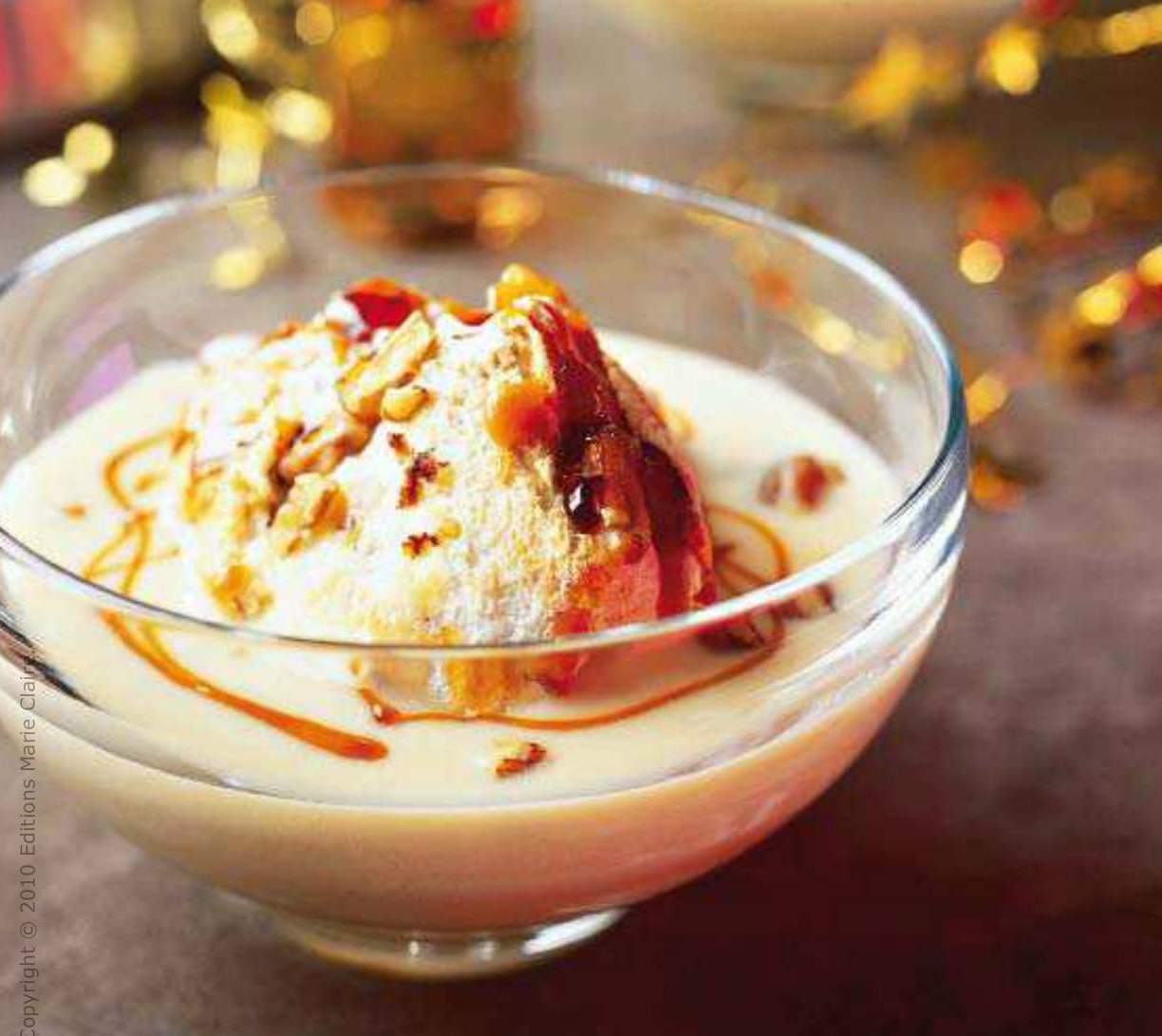 Crème au sirop d’érable et île flottante aux pécans